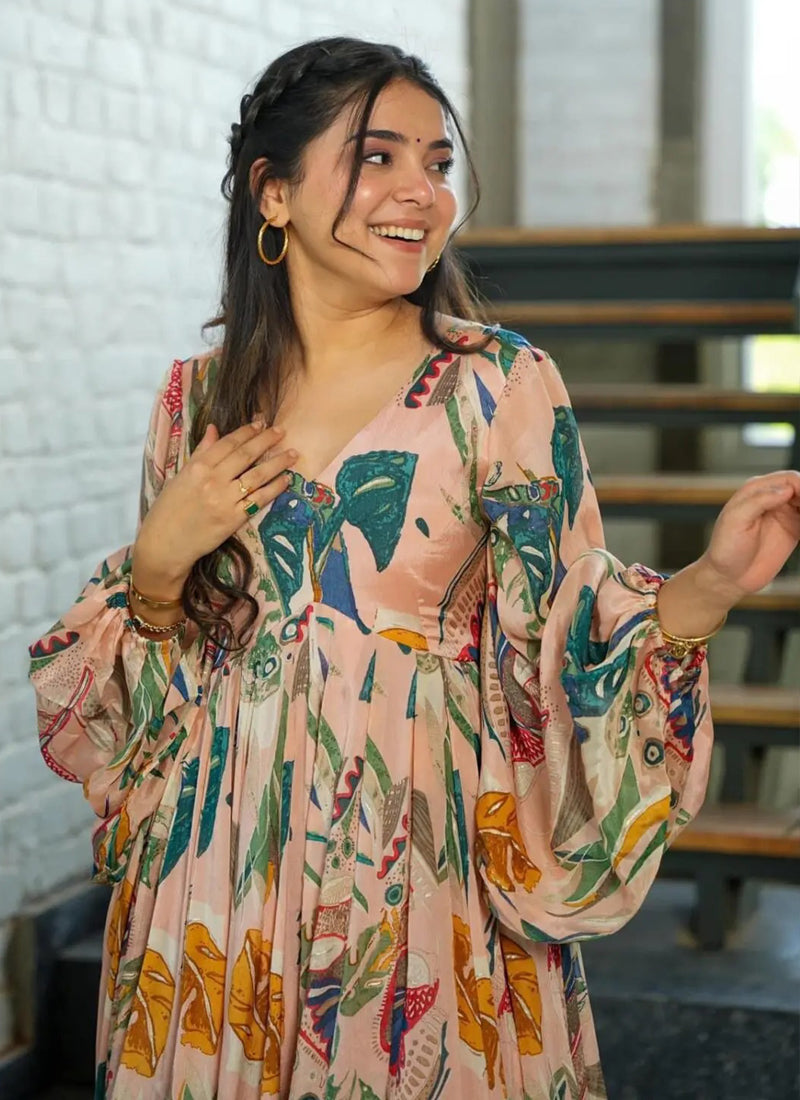 Vegaa Fashion Multi Color Heavy Air Tex Chinon Silk Digital Print Designer Gown | Grocsy