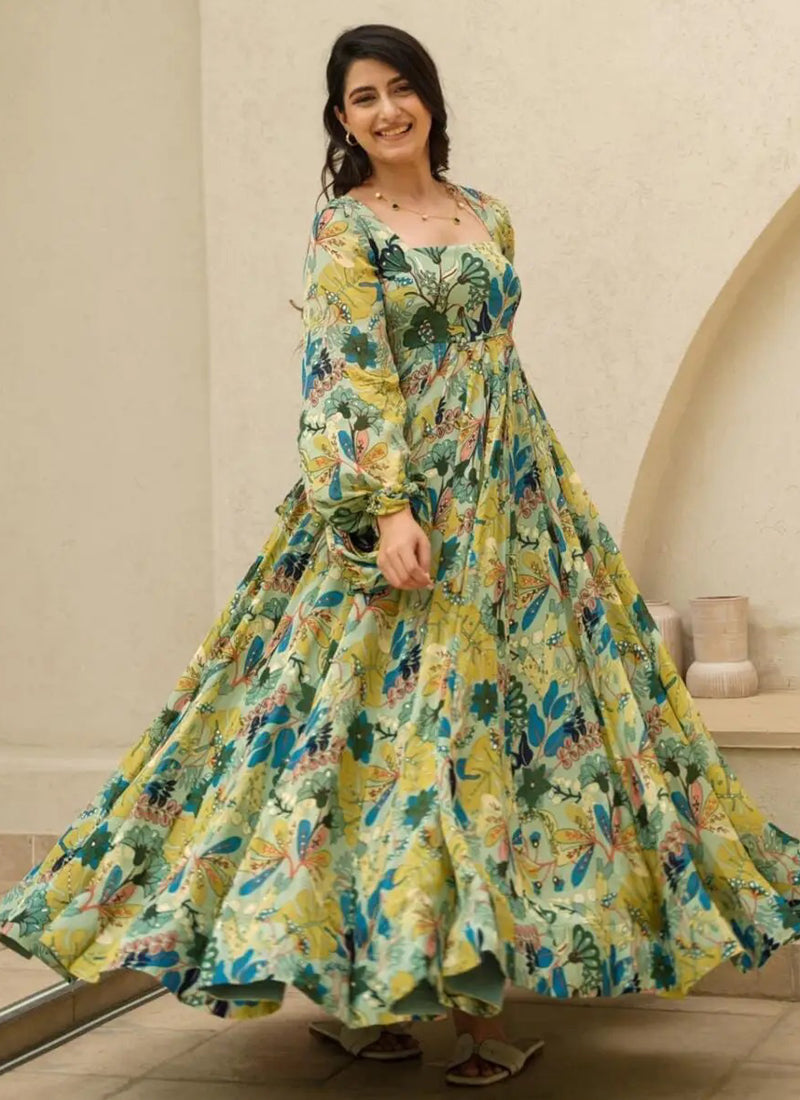 Vegaa Fashion Multi Color Heavy Air Tex Chinon Silk Digital Print Designer Gown | Grocsy