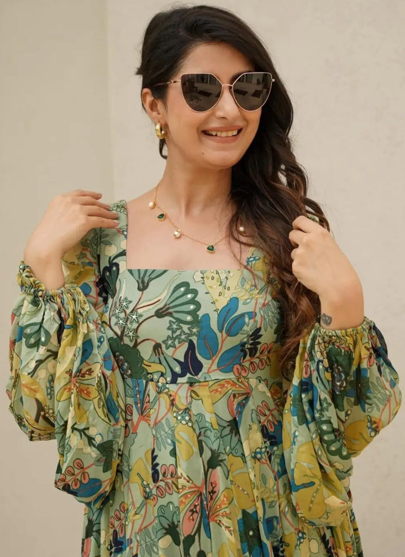 Vegaa Fashion Multi Color Heavy Air Tex Chinon Silk Digital Print Designer Gown | Grocsy