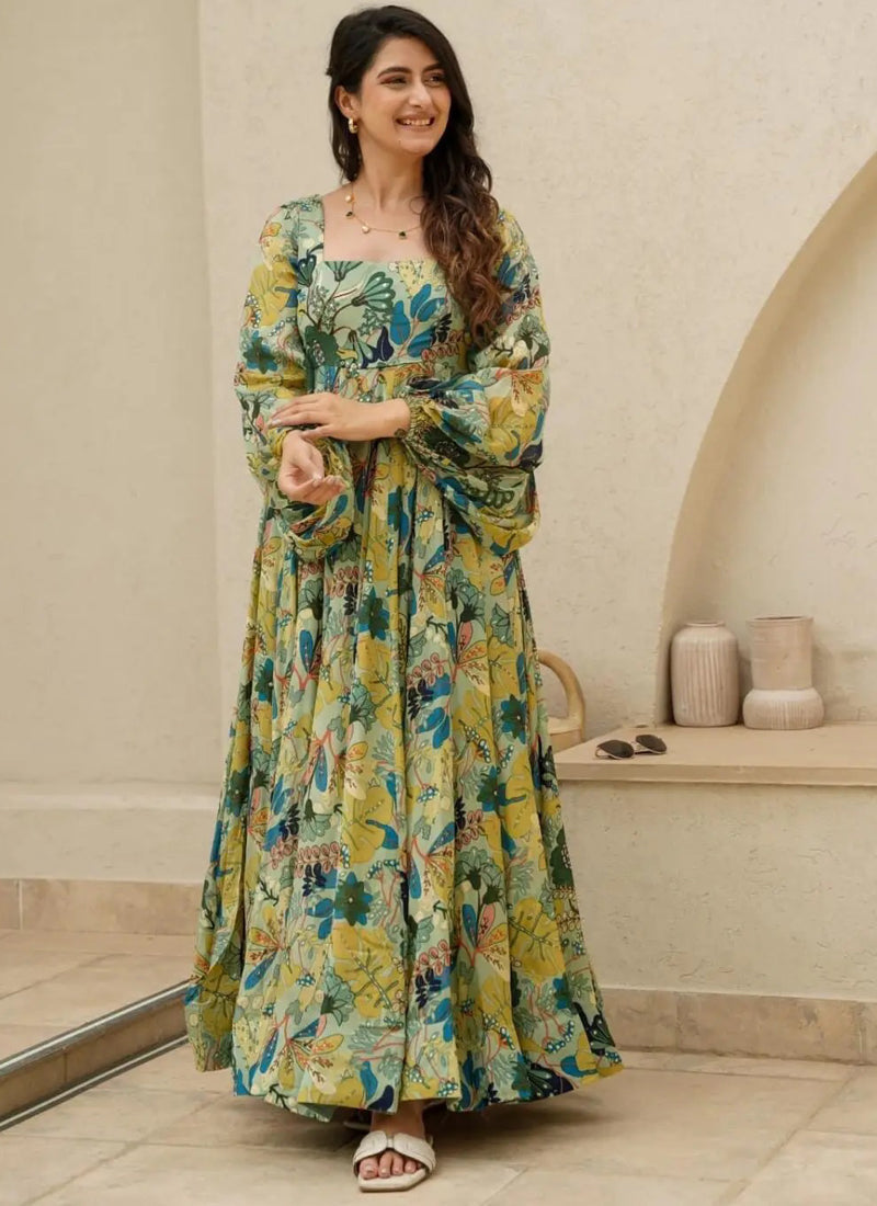 Vegaa Fashion Multi Color Heavy Air Tex Chinon Silk Digital Print Designer Gown | Grocsy