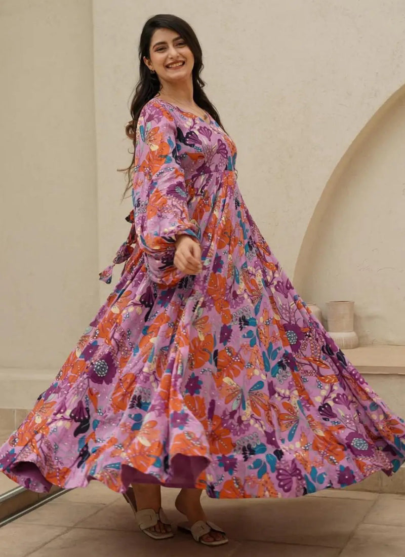 Vegaa Fashion Multi Color Heavy Air Tex Chinon Silk Digital Print Designer Gown | Grocsy