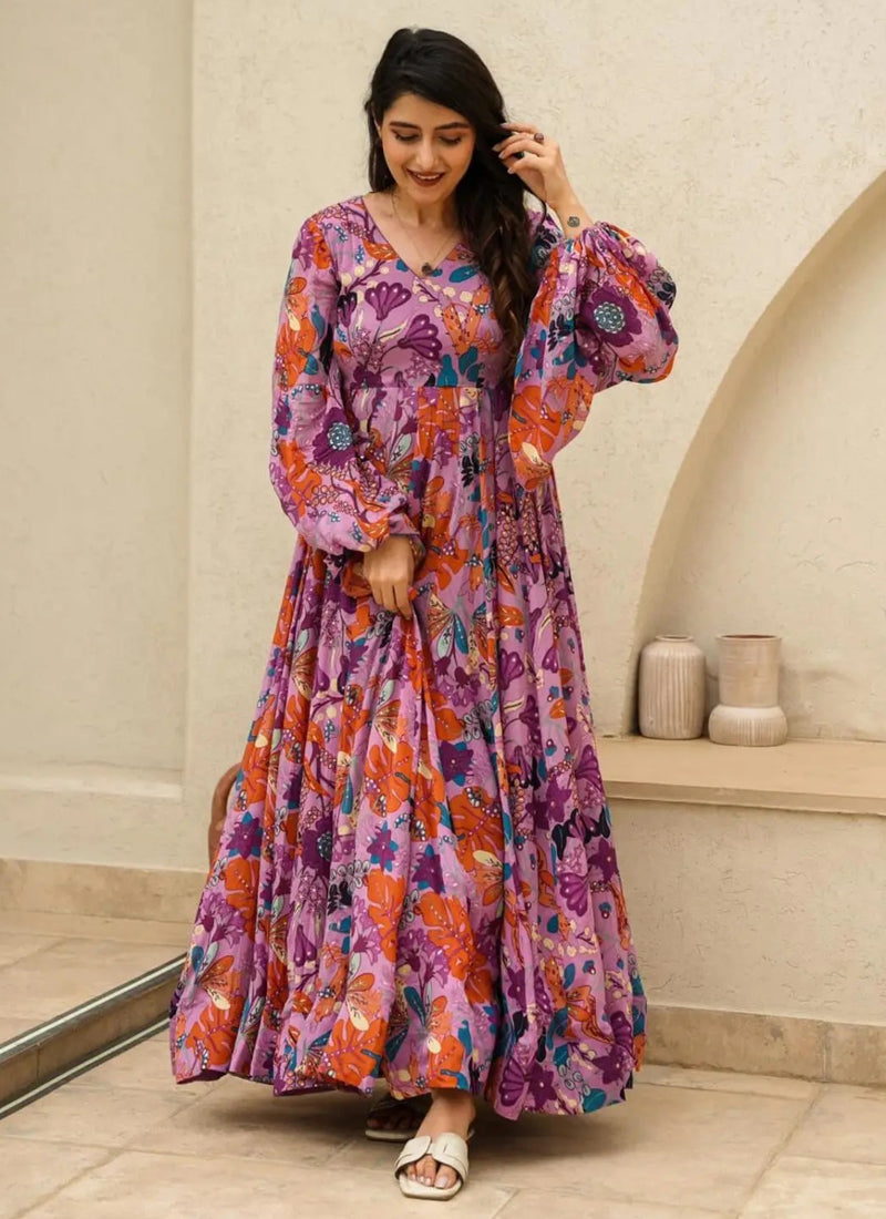 Vegaa Fashion Multi Color Heavy Air Tex Chinon Silk Digital Print Designer Gown | Grocsy