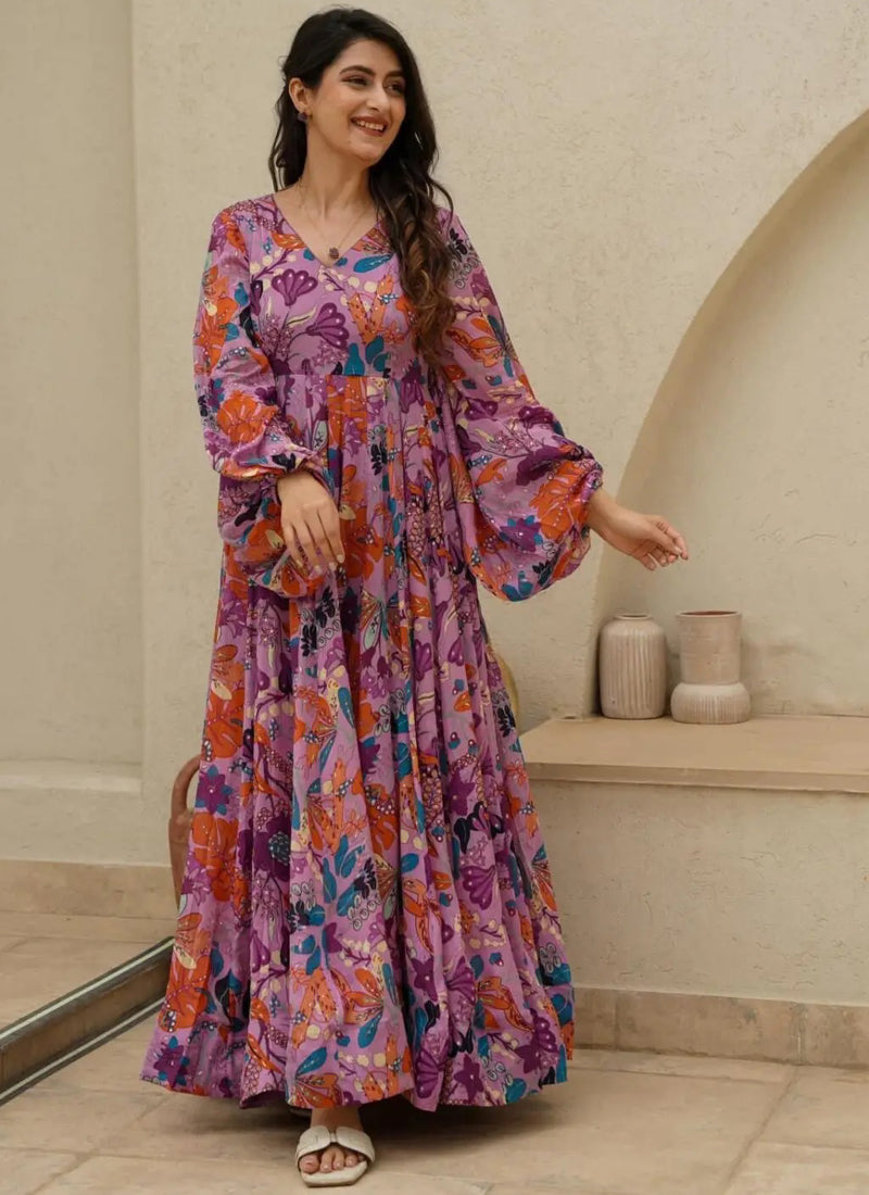 Vegaa Fashion Multi Color Heavy Air Tex Chinon Silk Digital Print Designer Gown | Grocsy