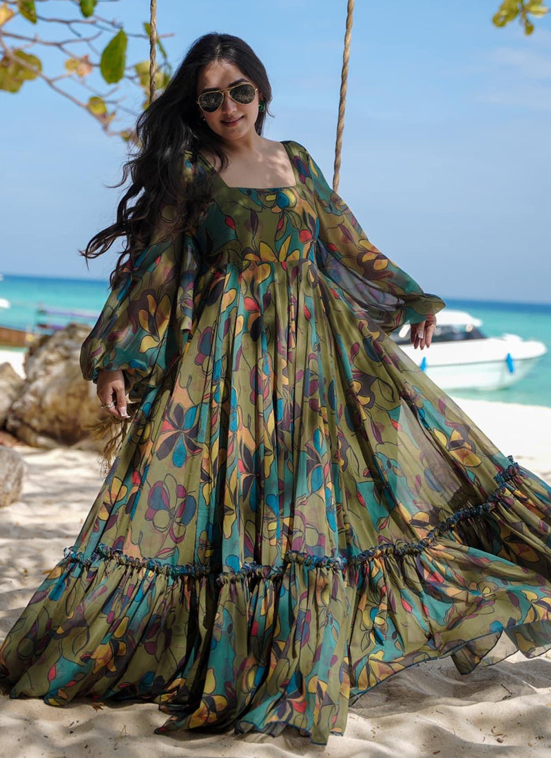 Vegaa Fashion Multi Color Heavy Air Tex Chinon Silk Digital Print Designer Gown | Grocsy