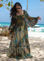 Vegaa Fashion Multi Color Heavy Air Tex Chinon Silk Digital Print Designer Gown | Grocsy