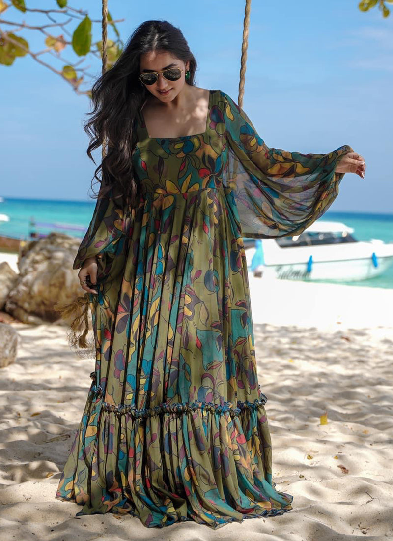 Vegaa Fashion Multi Color Heavy Air Tex Chinon Silk Digital Print Designer Gown | Grocsy