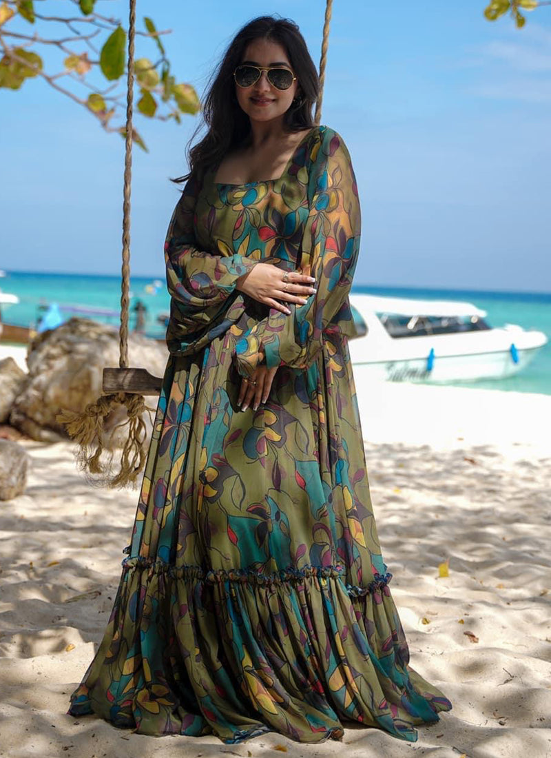 Vegaa Fashion Multi Color Heavy Air Tex Chinon Silk Digital Print Designer Gown | Grocsy