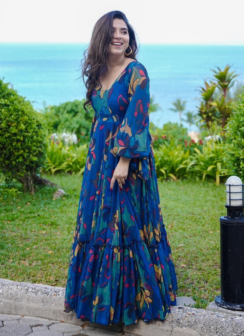 Vegaa Fashion Multi Color Heavy Air Tex Chinon Silk Digital Print Designer Gown | Grocsy