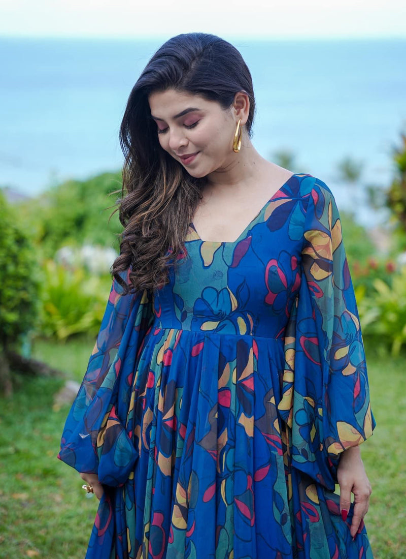 Vegaa Fashion Multi Color Heavy Air Tex Chinon Silk Digital Print Designer Gown | Grocsy
