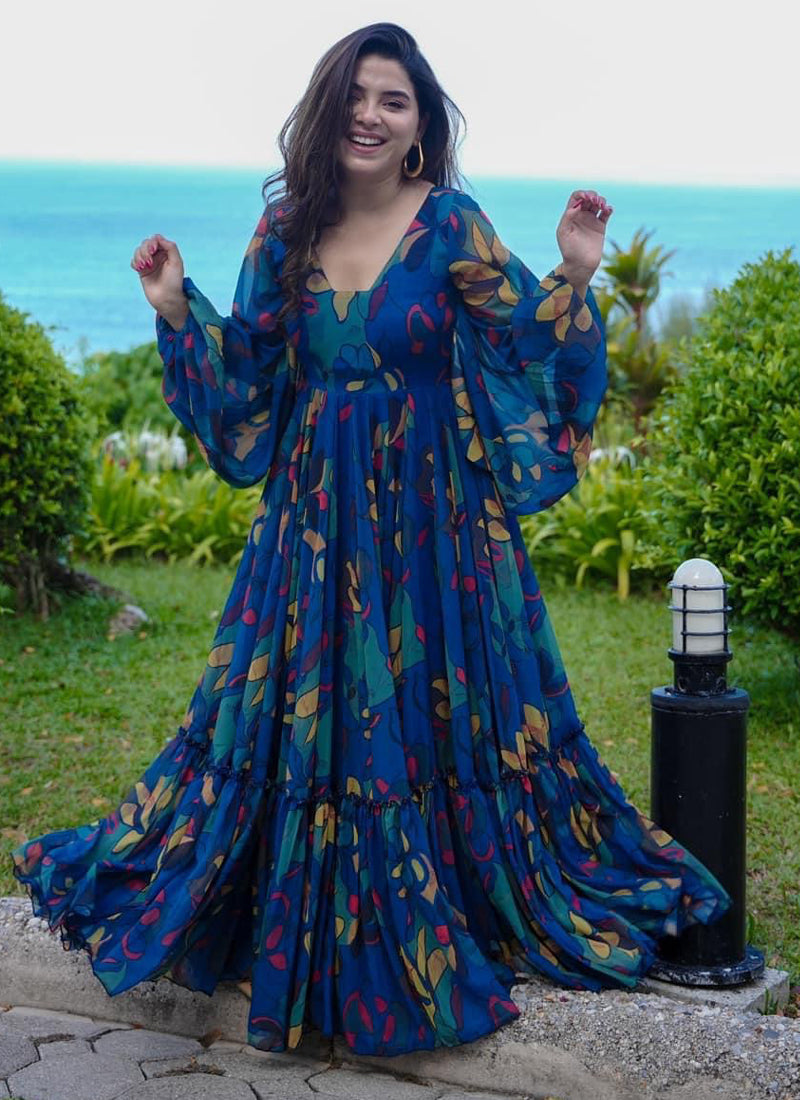 Vegaa Fashion Multi Color Heavy Air Tex Chinon Silk Digital Print Designer Gown | Grocsy