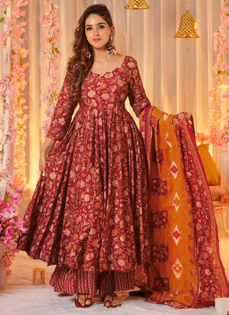 Vegaa Fashion Red Muslin Digital Print Designer Salwar Suit | Grocsy