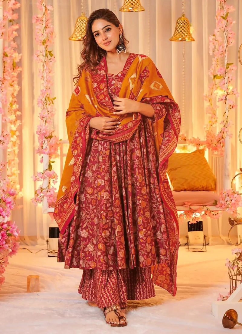 Vegaa Fashion Red Muslin Digital Print Designer Salwar Suit | Grocsy