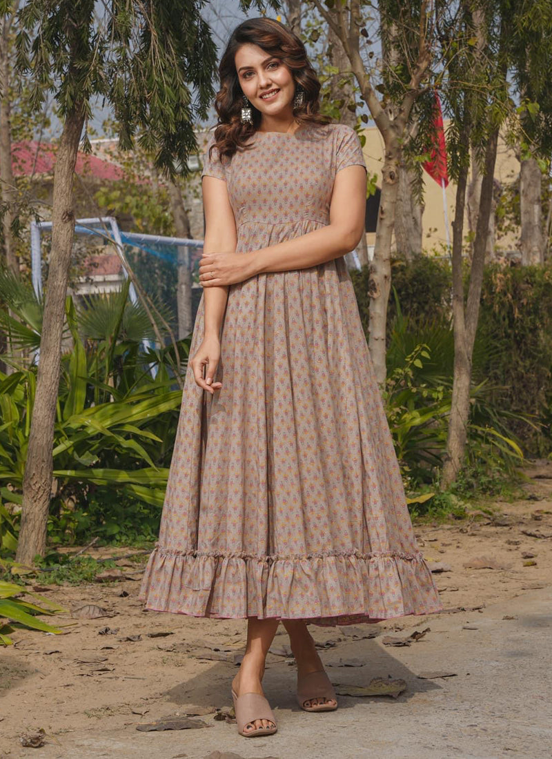 Vegaa Fashion Beige Rayon Digital Print Designer Gown For Festive | Grocsy