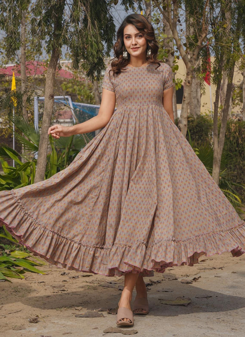 Vegaa Fashion Beige Rayon Digital Print Designer Gown For Festive | Grocsy