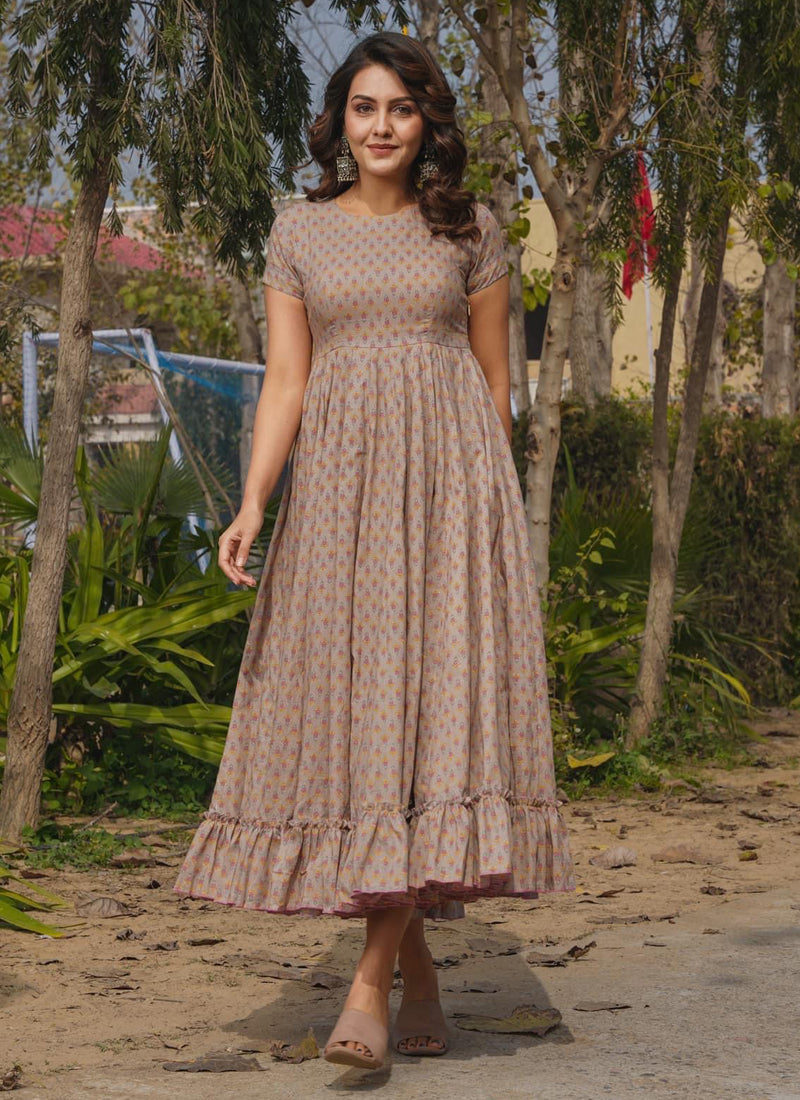 Vegaa Fashion Beige Rayon Digital Print Designer Gown For Festive | Grocsy