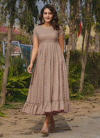 Vegaa Fashion Beige Rayon Digital Print Designer Gown For Festive | Grocsy