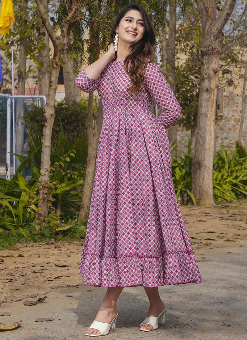 Vegaa Fashion Onion Pink Rayon Digital Print Designer Gown For Festive | Grocsy