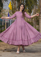 Vegaa Fashion Onion Pink Rayon Digital Print Designer Gown For Festive | Grocsy