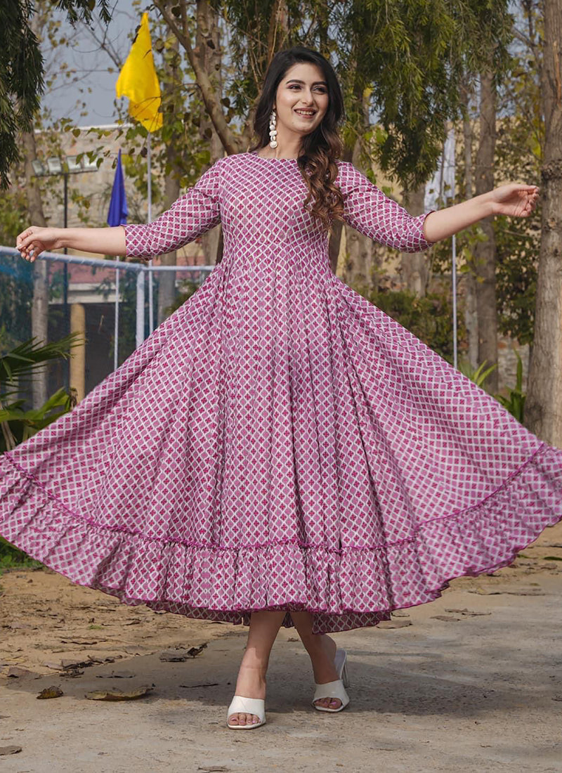 Vegaa Fashion Onion Pink Rayon Digital Print Designer Gown For Festive | Grocsy