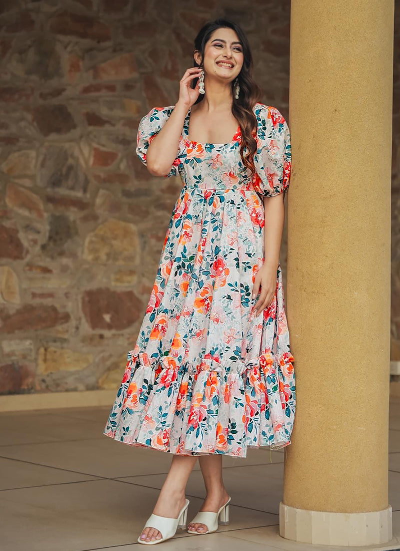 Vegaa Fashion Off White Rayon Digital Print Designer Gown For Festive | Grocsy
