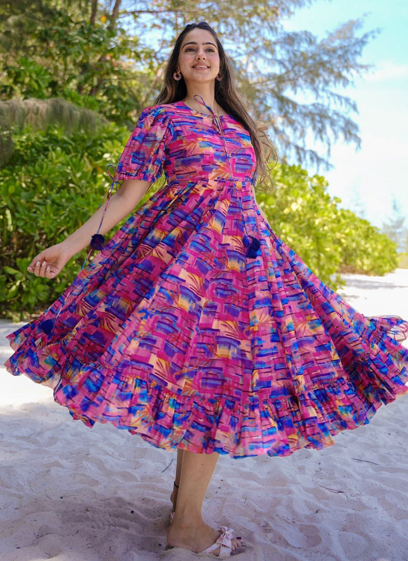 Vegaa Fashion Multicolor Rayon Digital Print Designer Gown For Festive | Grocsy