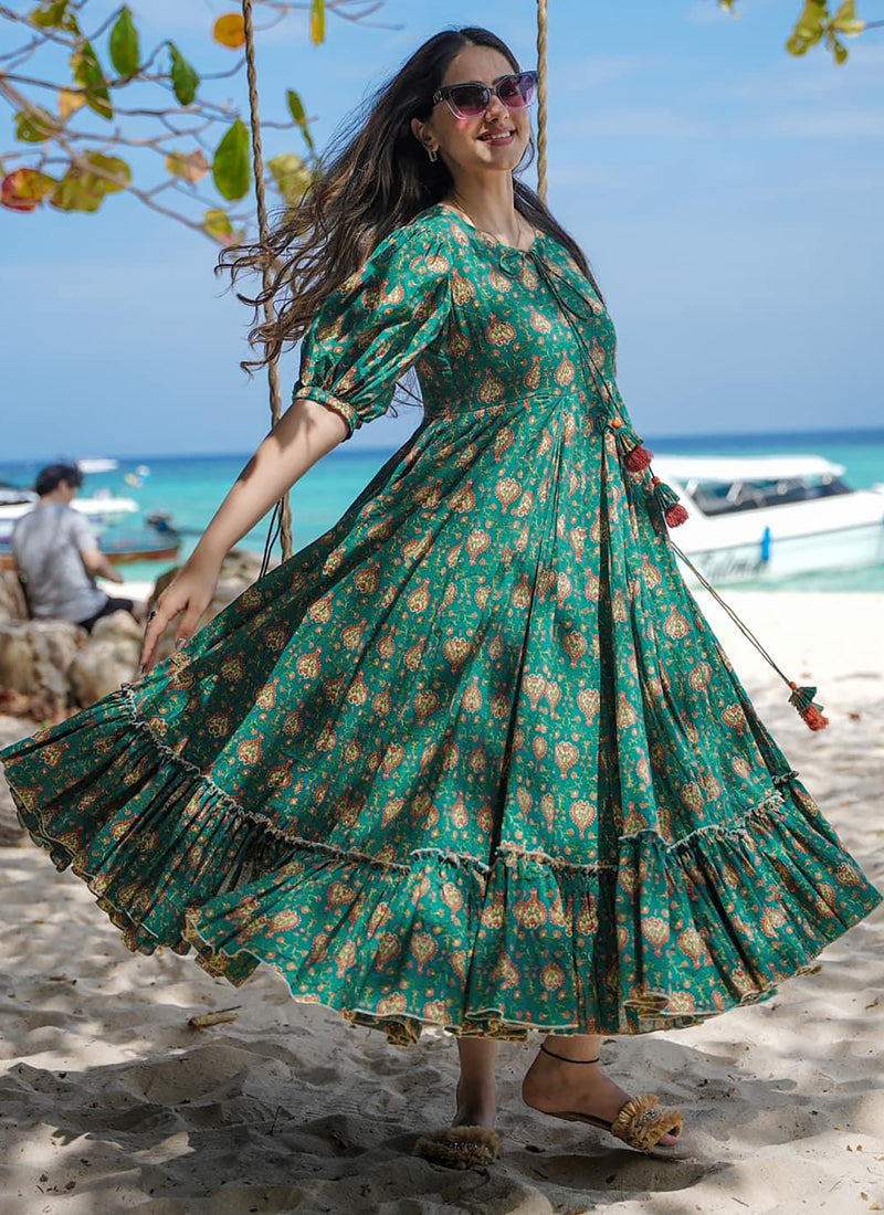 Vegaa Fashion Green Rayon Digital Print Designer Gown For Festive | Grocsy