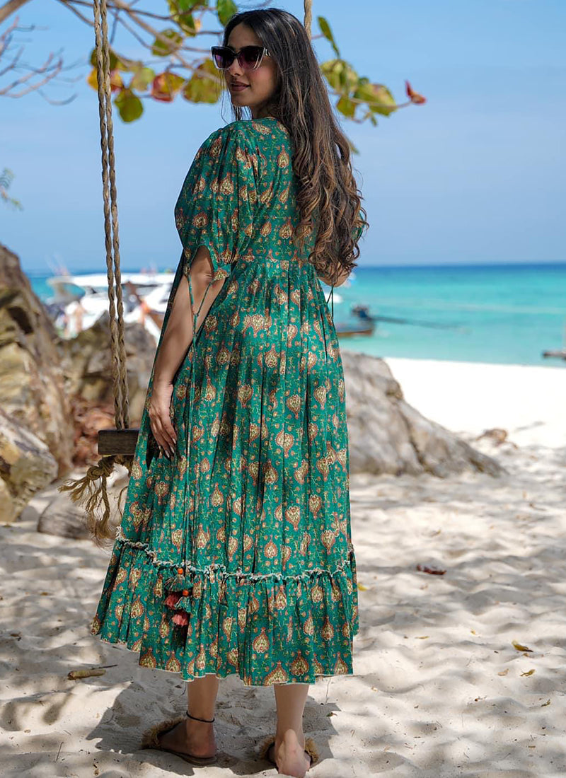 Vegaa Fashion Green Rayon Digital Print Designer Gown For Festive | Grocsy