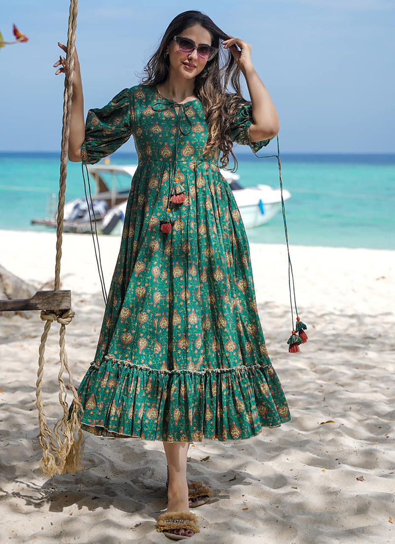 Vegaa Fashion Green Rayon Digital Print Designer Gown For Festive | Grocsy