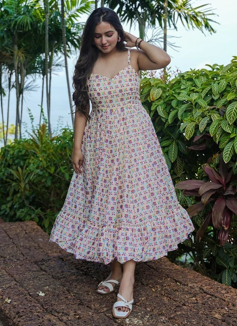 Vegaa Fashion Off White Rayon Digital Print Designer Gown For Festive | Grocsy