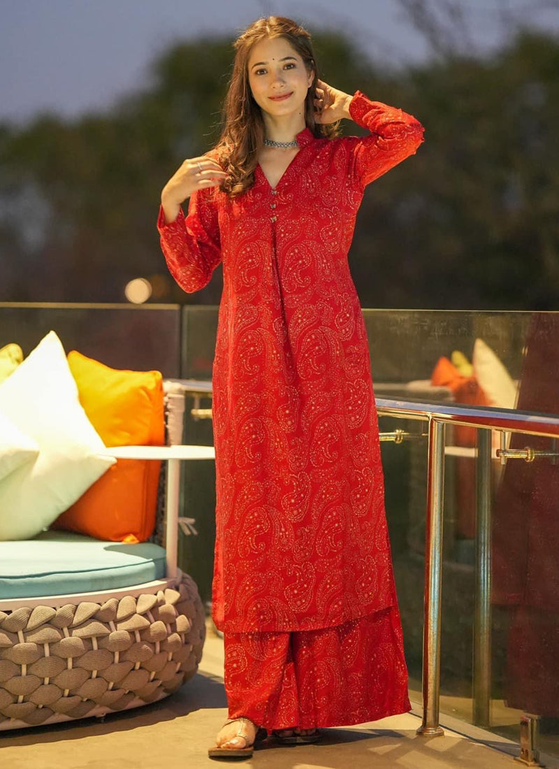 Vegaa Fashion Red Muslin Digital Print Designer Kurti Pant | Grocsy