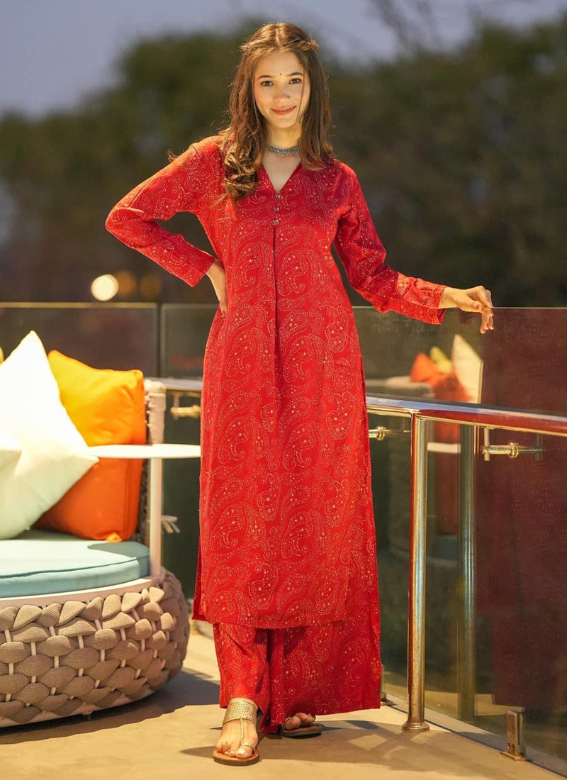 Vegaa Fashion Red Muslin Digital Print Designer Kurti Pant | Grocsy