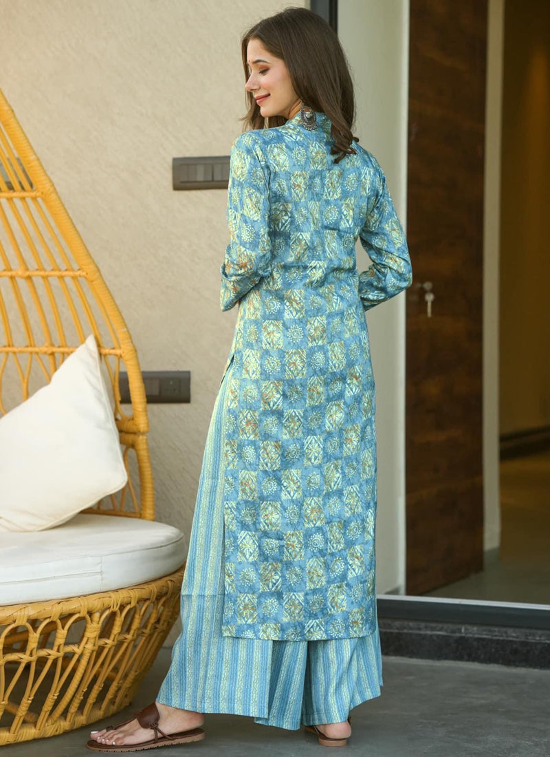 Vegaa Fashion Electric Blue Muslin Digital Print Designer Kurti Pant | Grocsy