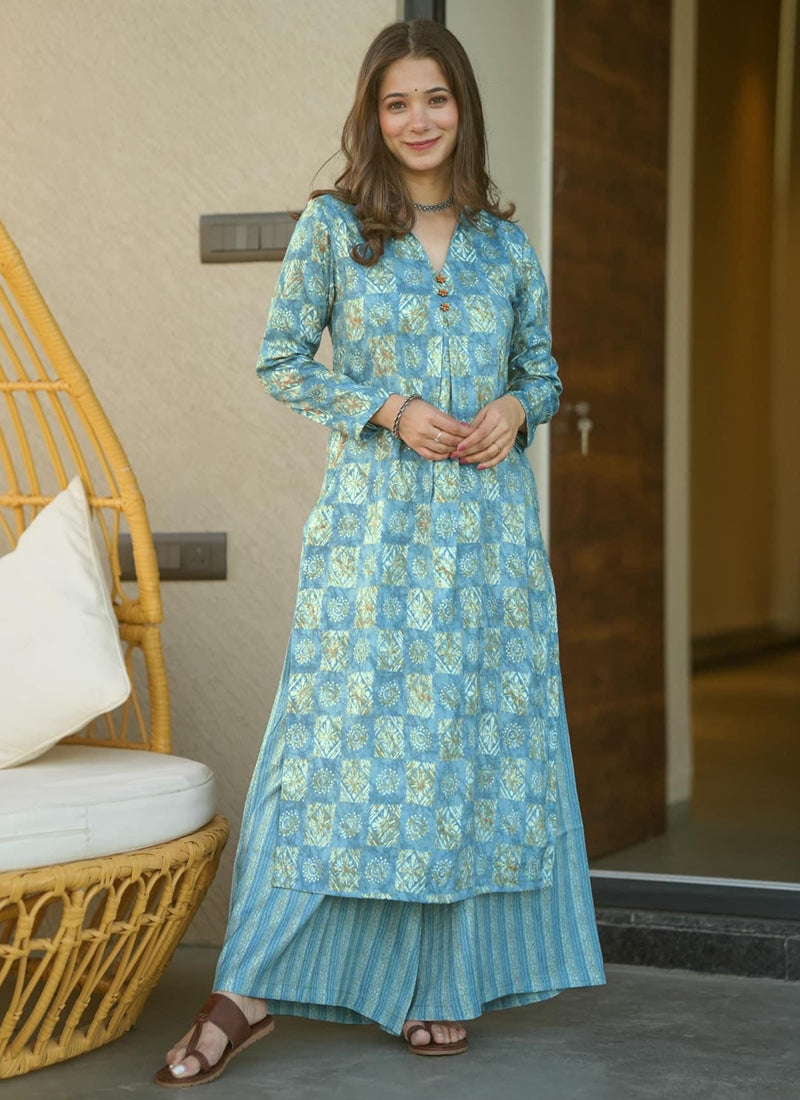 Vegaa Fashion Electric Blue Muslin Digital Print Designer Kurti Pant | Grocsy