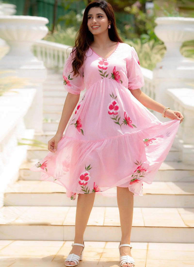 Vegaa Fashion Light Pink Rayon Kota Checks Digital Print Kurti | Grocsy