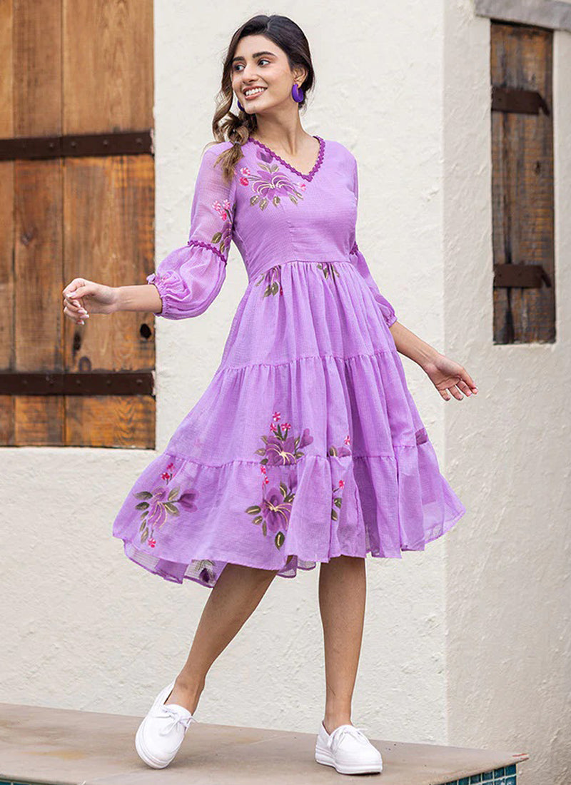 Vegaa Fashion Lavender Rayon Kota Checks Digital Print Kurti | Grocsy