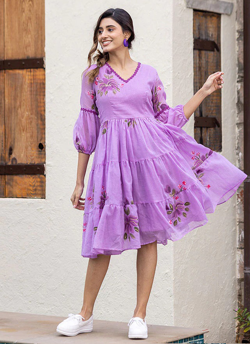 Vegaa Fashion Lavender Rayon Kota Checks Digital Print Kurti | Grocsy