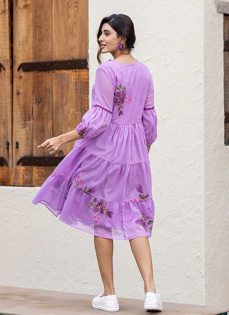 Vegaa Fashion Lavender Rayon Kota Checks Digital Print Kurti | Grocsy