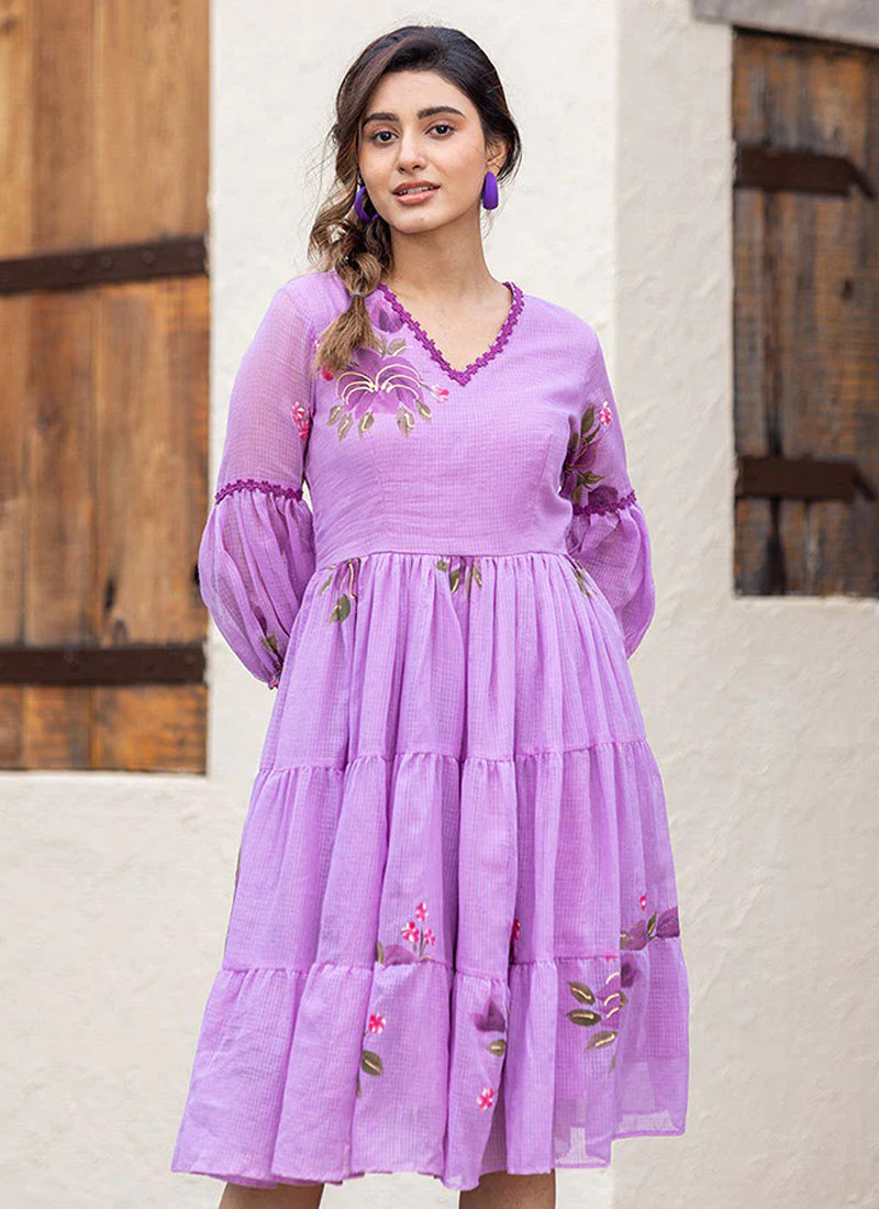 Vegaa Fashion Lavender Rayon Kota Checks Digital Print Kurti | Grocsy