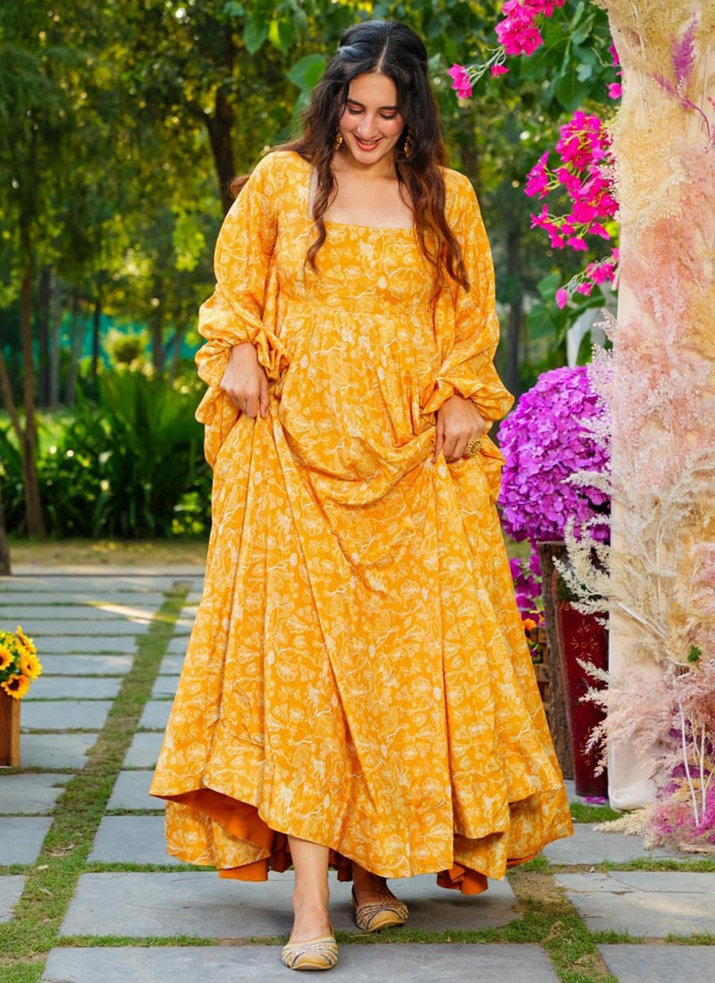 Vegaa Fashion Yellow Georgette Digital Print Designer Gown For Festive | Grocsy