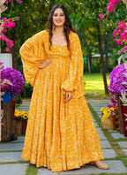 Vegaa Fashion Yellow Georgette Digital Print Designer Gown For Festive | Grocsy