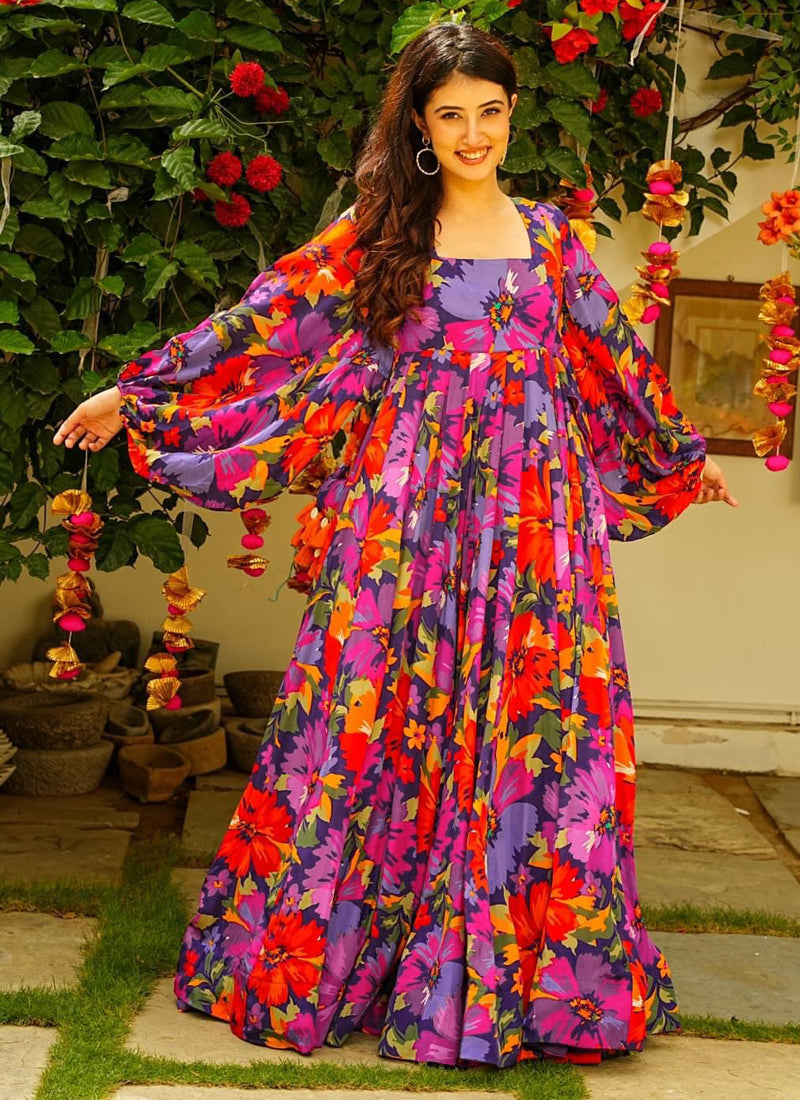 Vegaa Fashion Multi Color Georgette Digital Print Designer Gown For Festive | Grocsy