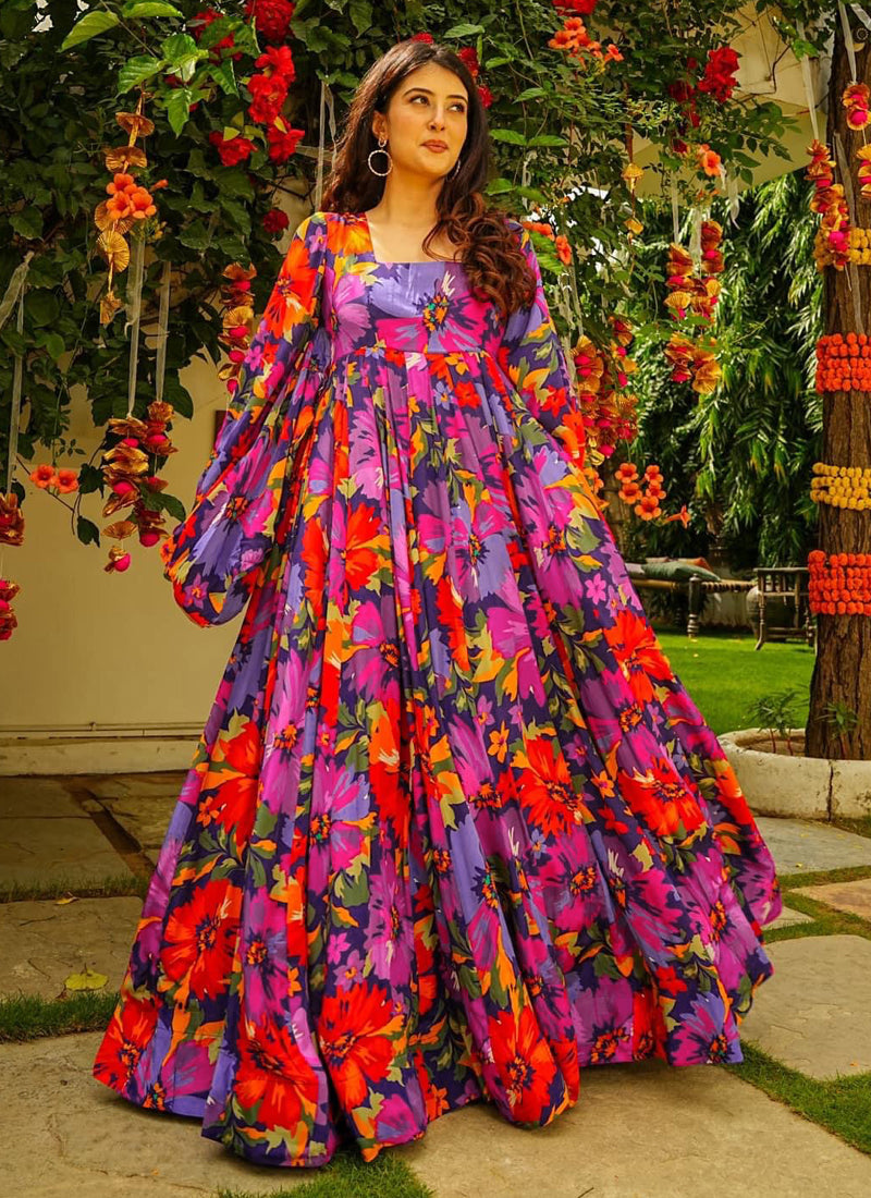Vegaa Fashion Multi Color Georgette Digital Print Designer Gown For Festive | Grocsy
