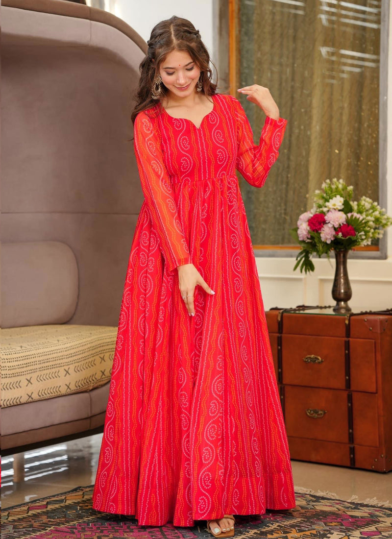 Vegaa Fashion Red Georgette Digital Print Designer Gown For Festive | Grocsy