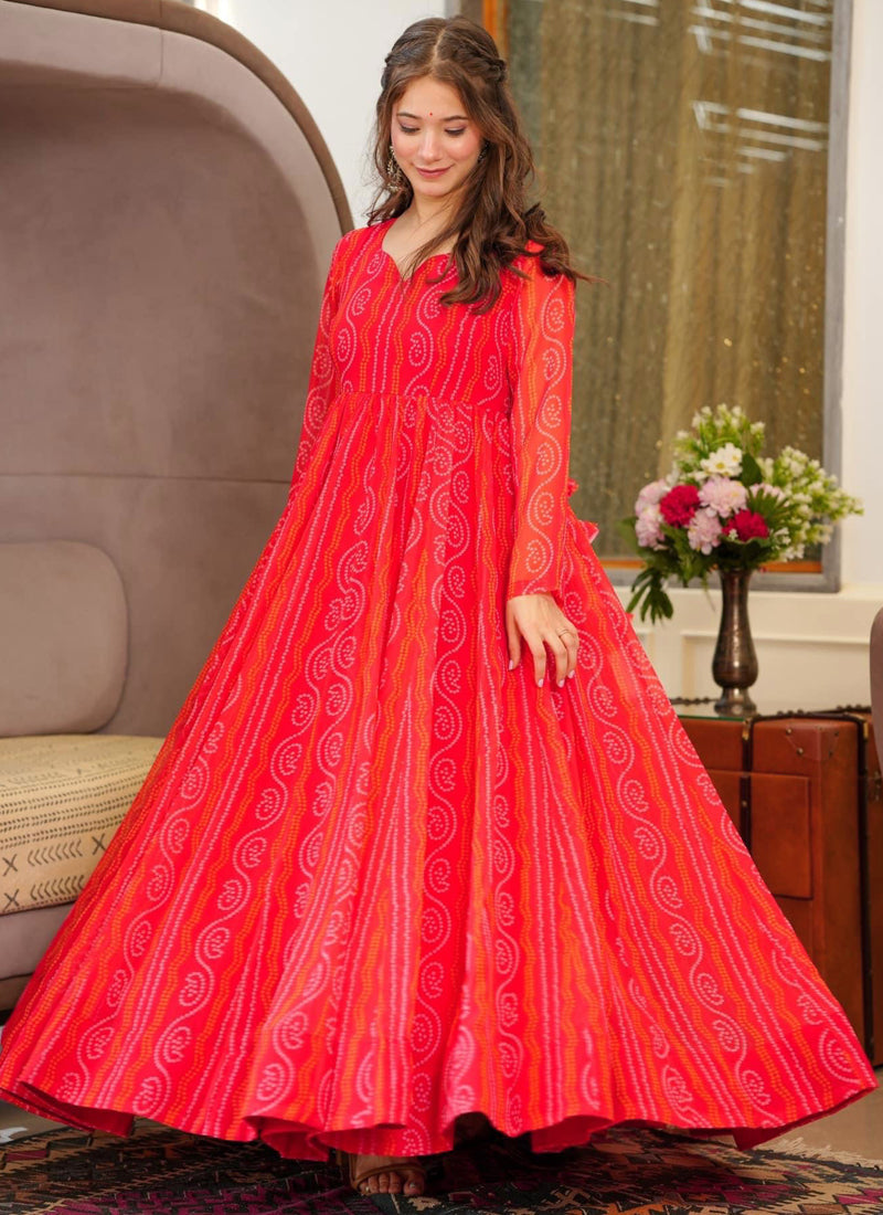 Vegaa Fashion Red Georgette Digital Print Designer Gown For Festive | Grocsy