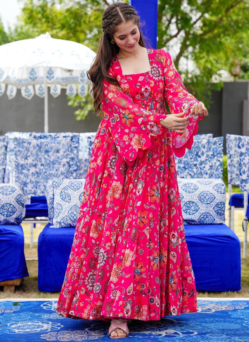 Vegaa Fashion Pink Georgette Digital Print Designer Gown For Festive | Grocsy