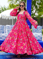 Vegaa Fashion Pink Georgette Digital Print Designer Gown For Festive | Grocsy