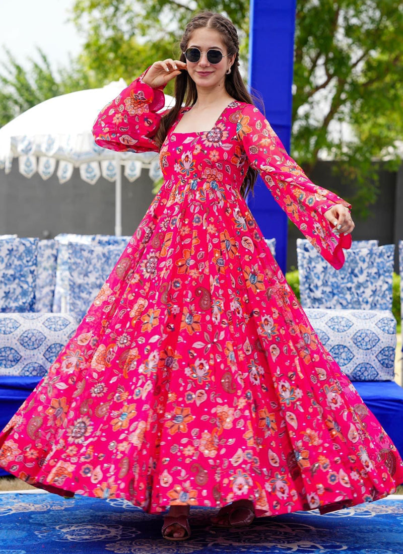 Vegaa Fashion Pink Georgette Digital Print Designer Gown For Festive | Grocsy