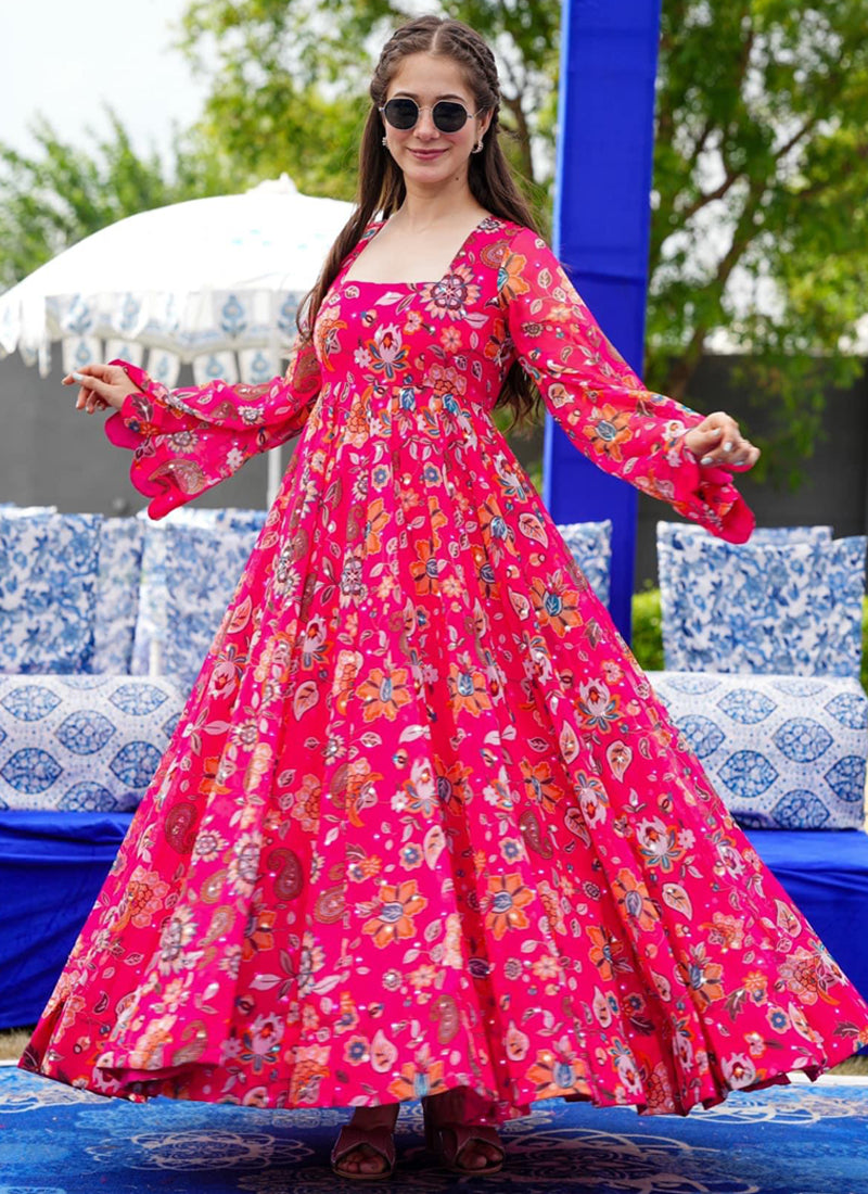Vegaa Fashion Pink Georgette Digital Print Designer Gown For Festive | Grocsy
