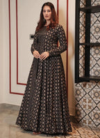 Vegaa Fashion Coal Black Muslin Digital Print Indo Western Gown For Wedding | Grocsy