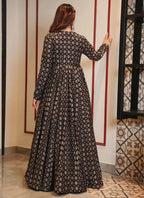 Vegaa Fashion Coal Black Muslin Digital Print Indo Western Gown For Wedding | Grocsy
